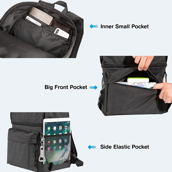 Ізольований рюкзак-холодильник 2-в-1, велика сумка-холодильник, герметичний рюкзак з охолоджувальним відділенням, ідеально підходить для пікніків, пляжних поїздок, походів, роботи та сімейних поїздок (24 банки), чорний