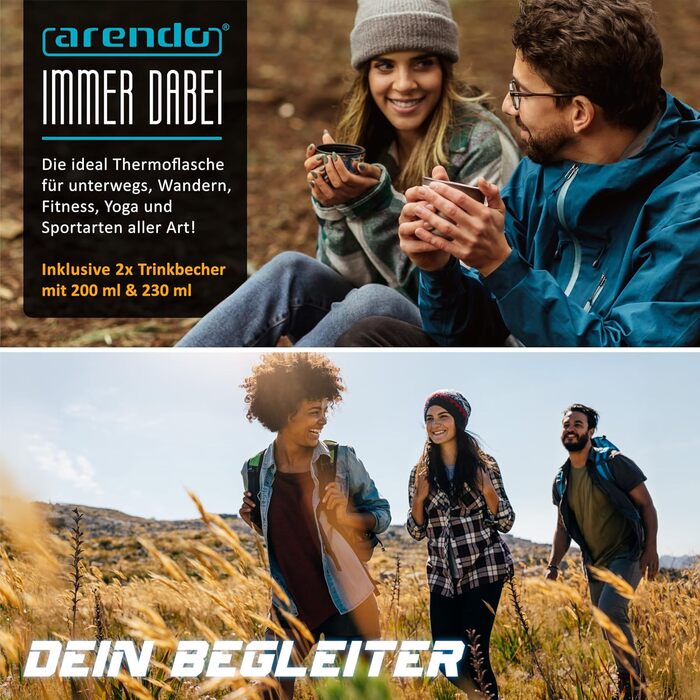 Термос з нержавіючої сталі об&39ємом 1 л - з 2 чашками - Термос з подвійними стінками - 1000 мл - Закриття одним клацанням - Герметичний - Знімна кришка - Без BPA - Стійкий до газованих напоїв - Срібний