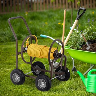 Садовий візок для шланга Relaxdays, до 60 м шланга, 4 пневматичні колеса, швидке з'єднання, металева бочка для шланга, коричневий
