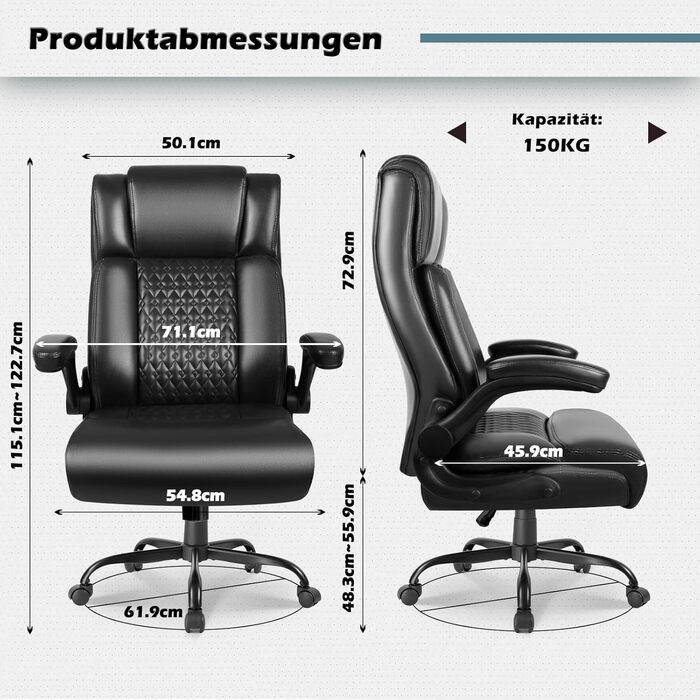 Ергономічне офісне крісло Waleaf з високою спинкою та функцією гойдання, відкидні підлокітники, регульоване по висоті поворотне крісло з колесами для офісу, дому, чорне