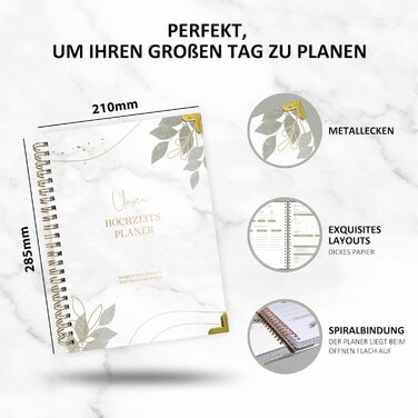 Весільний планувальник німецькою мовою для великого дня, 160 сторінок з розкладом, контрольними списками, часовим графіком та порадами, весільна книга з календарем, чудовий подарунок на заручини - DIN A4 Modern (німецька)