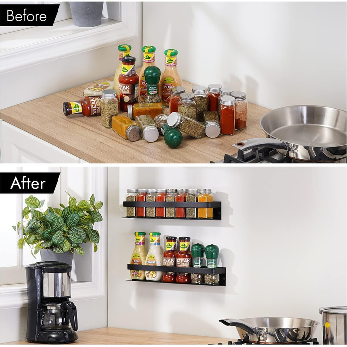 Настінна полиця для спецій KES, тримач для спецій, органайзер для спецій, кухонний, для зберігання спецій, кухонна полиця для спецій 40 см, 2 шт., матово-чорний колір, настінний, KSR401S40-BK-P2, 39,9 см