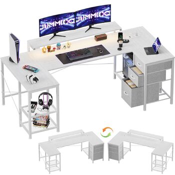 Ігровий кутовий стіл JUMMICO L-подібний, 170x95см, з LED-підсвіткою, регульованою підставкою для монітора, 3 шухлядами, 2 розетками та 2 USB, сталь та дерево, білий