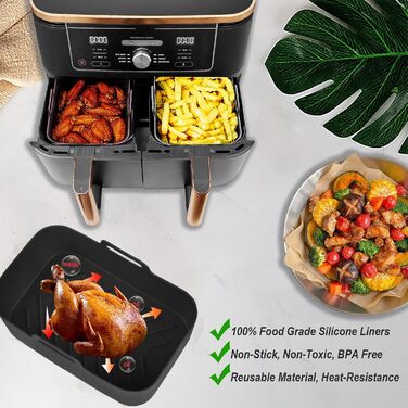 Аксесуари для фритюрниці Ranedo, аксесуари для фритюрниці для Ninja Dual AF300EU AF400EU та подвійної фритюрниці 7.6 л - 9.5 л, силіконові вставки для фритюрниці, шампури та стійка чорна