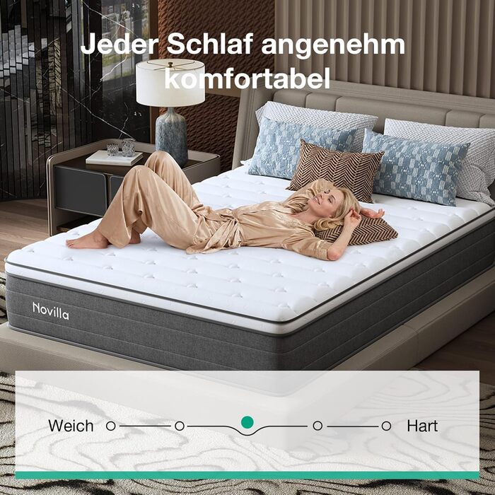 Матрац Novilla 140x200, H3 7-зонний пружинний матрац з кишеньковою структурою для цілеспрямованої підтримки, хвилеподібний шар комфортної піни для покращеної повітропроникності, сертифікований Oeko-Tex, висота 25 см x 25 см, 140 x 200 см