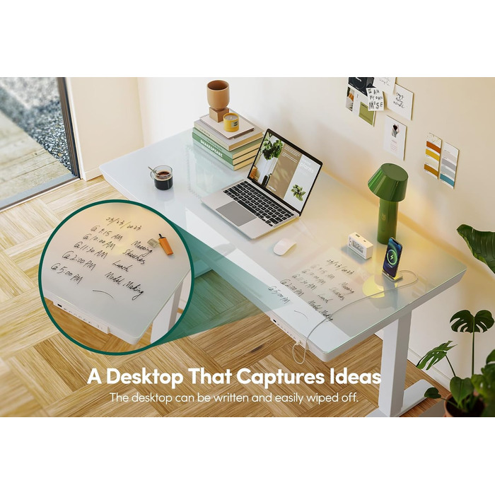 Електричний стіл FEZIBO для роботи стоячи зі скляною стільницею, регульована висота, 140 x 60 см, стіл для домашнього офісу, з портами зарядки USB-A-C, біла рама/біла стільниця