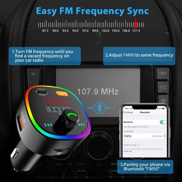 Оновлений FM-передавач Bluetooth 5.0 для автомобіля, швидкий USB-зарядний пристрій Type-C і QC3.0 потужністю 45 Вт, бездротовий адаптер FM-радіо Bluetooth Підтримка музичного плеєра U-накопичувача/TF-карти, додатковий еквалайзер з 10-кольоровим світлодіод