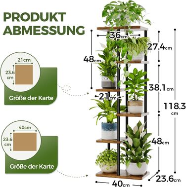 Велика підставка для рослин Bamworld для кімнатних рослин, 6-рівнева металева полиця для рослин, тримач для рослин, стійка для кількох рослин, горщики для патіо, саду, кута, балкону, вітальні, 6-рівнева рустикальна коричнева