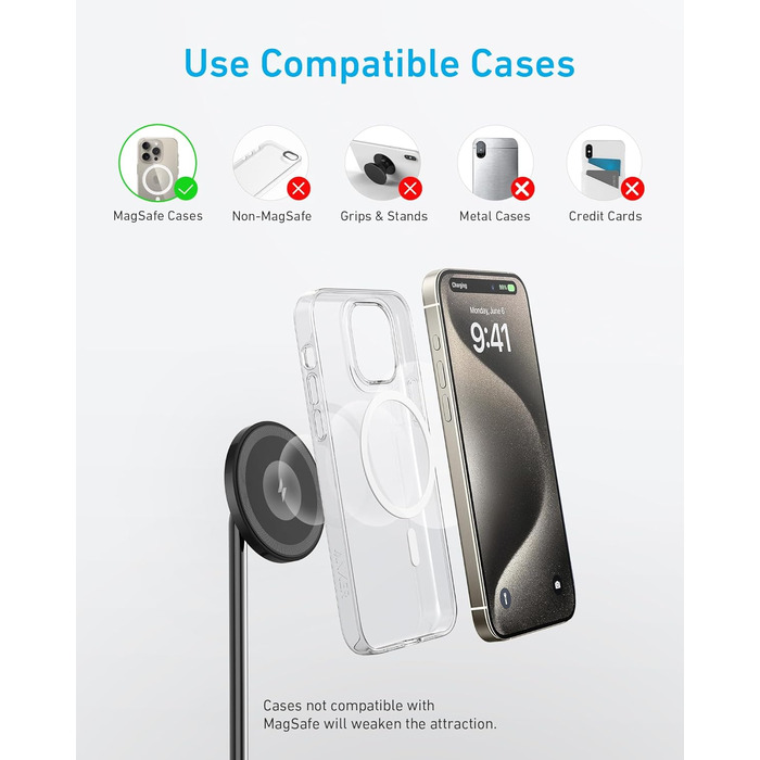 В-1 Magnetic Stand Lite, бездротова підставка для зарядки, зарядний пристрій з 150-сантиметровим зарядним кабелем USB-C, сумісний