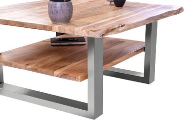 Журнальний столик SAM B-класу 115x65 см Philipp, диванний столик з полицею, масив акації натуральний колір лакований, журнальний столик зі справжнім живим краєм, U-подібна рама срібляста 115 x 65 см натуральний колір / сріблястий