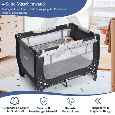 Дитяче ліжечко DREAMADE 2-в-1, складне приліжкове ліжечко 125 x 65 см, дорожнє ліжечко з колесами та гальмом, дитячий манеж-ліжечко для малюків від народження до 36 місяців (сірий)