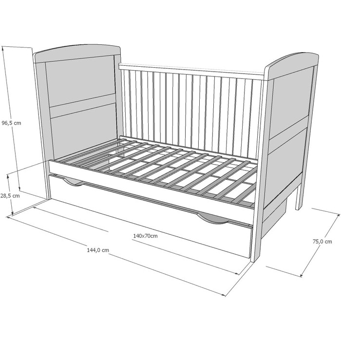 Дитяче ліжко/ліжечко Kids Collective 70x140 см з матрацом та шухлядою, трансформоване ліжечко, регульована висота Біле дитяче ліжко, зроблено в Європі, 70x140 см Від народження до 6 років, 70 x 140 см з шухлядою матрац, біле