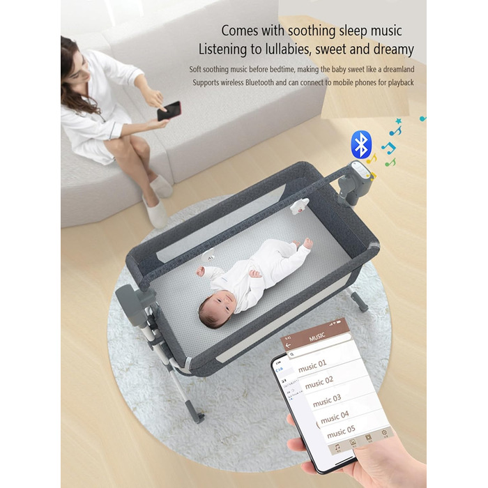 Дитяче ліжечко Nine Point Nine, розкладне дитяче ліжко-ліжечко, пружинне ліжко Baby Box з колесами, багатофункціональне, з 5 гойдалками (601 Середньо-сірий)
