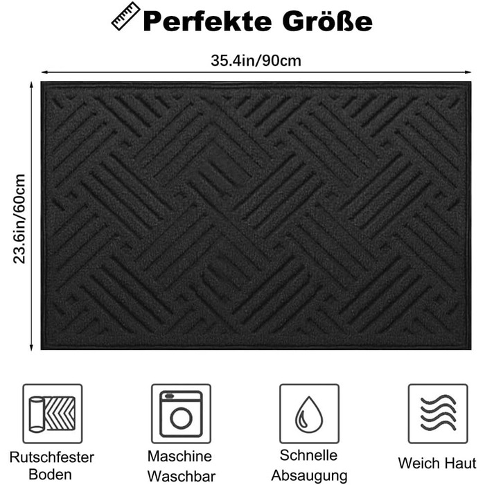Килимок для вулиці 60x90 см, м&39який, поглинаючий та брудовідштовхувальний, нековзний, килимок для підлоги, який можна прати в пральній машині, для передніх та задніх дверей, для брудного взуття та лап (Чорний 4) Чорний 4 60 x 90 см (Прямокутний)