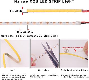 Світлодіодна стрічка TOPAI 12V COB 5M тепла біла, вузька світлодіодна стрічка 3000K Самоклеюча 384 світлодіоди/м CRI90, неводонепроникний гнучкий ріжучий стіл для прикраси домашньої кухні своїми руками (синій, шириною 5 мм)