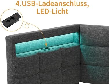 М&39яке ліжко/диван-ліжко 90x200 з 2 шухлядами для зберігання речей, дитяче ліжко 90x200 зі світлодіодним освітленням та зарядною станцією USB, односпальне ліжко з дерев&39яним рейковим каркасом, лляно-сірий (без матраца) лляно-сірий 90x200 см