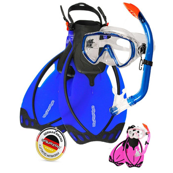 Набір для сноркелінгу AQUAZON Miami, набір для плавання, набір для дайвінгу, маска для дайвінгу з загартованими лінзами проти запотівання, силікон, напівсухий сноркель, регульовані ласти для дітей, темно-синій, розмір 27/31