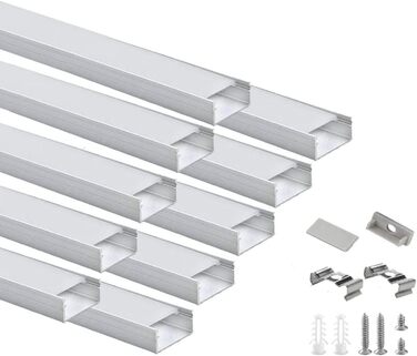 Світлодіодний профіль Besseto 10 x 1 м, U-подібний світлодіодний алюмінієвий профіль, профіль розсіювача світлодіодної стрічки з молочною кришкою, торцеві кришки та монтажний кронштейн, алюмінієвий профіль для світлодіодної стрічки