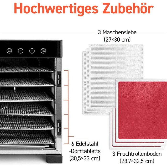 Дегідратор COSORI з нержавіючої сталі, дегідратор їжі з 50 рецептами, в т.ч. 6 лотків для дегідраторів з нержавіючої сталі, 3 решітки для дегідратора, 3 килимки для дегідратора, велика площа 0,6 м, таймер на 48 годин, світлодіодний дисплей (35-75C) і 650 