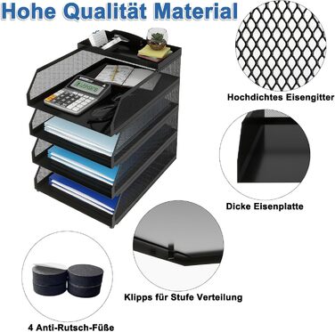 Лоток для документів PUNCIA A4, лоток для листів з 4 металевими відділеннями, органайзер для файлів, лоток для паперу, система для зберігання документів, тримач для документів для офісу, навчання, школи, офісних меблів, чорний, 32 x 25 x 31 см