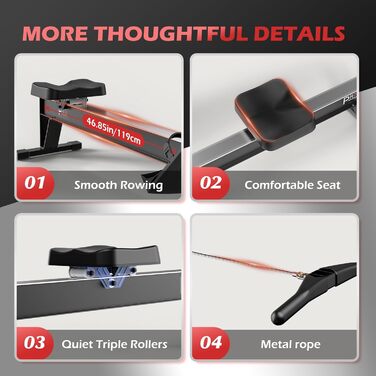 Гребний тренажер PASYOU з повітряним опором для домашнього використання, професійний гребний тренажер з 10 регульованими рівнями опору, професійний гребний тренажер для приміщень, ергономічне комфортне сидіння, із застосунком Kinomap, вантажопідйомність 1