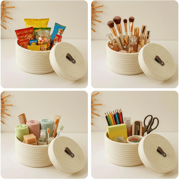 Кошики для зберігання з кришками, плетені кошики з бавовняних ниток з ручками, декоративні кошики, що миються, багатофункціональний органайзер для полиць, вітальня та ванна кімната (білий), 2