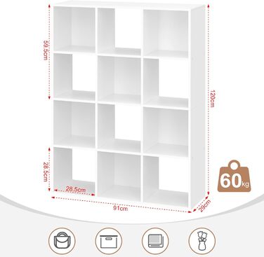 Книжкова полиця eSituro з 12 відділеннями, окремостояча кубічна полиця, відкрита полиця-перегородка для кімнати, сучасна стояча полиця, для вітальні, дитячої кімнати, офісу, спальні, 9120x29 см, білий