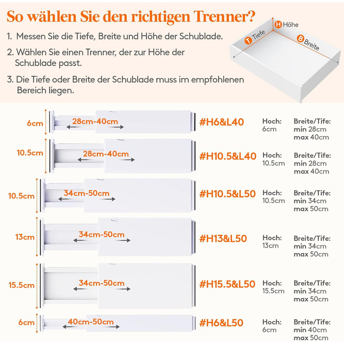 Набір із 8 регульованих роздільників для шухляд Lifewit, органайзери-роздільники для внутрішньої довжини 2840 см та висоти &gt6 см, для спальні, кухні, столових приборів, шаф, письмового столу, системи організації шухляд, білого кольору, 8 висоти 6 та дов