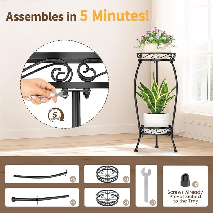 Дворівнева підставка для рослин чорного кольору для використання в приміщенні та на вулиці, для великих, високих квіткових горщиків на терасі, міцна вертикальна металева полиця для вузьких кутів підлоги, стабільний тримач-органайзер, чорний відтінок