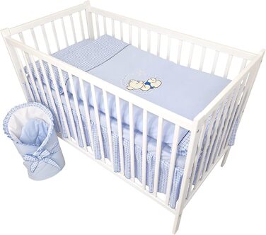 Предметний комплект дитячого ліжечка/ліжечка та постільної білизни Happy Leo, включаючи матрац, регульована висота для новонароджених, немовлят та малюків, виготовлений з масиву дерева, вишитий (Teddy Bear Moon Blue), 13-