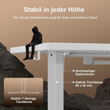 Стіл з регульованою висотою 160 x 80 см з кабельним лотком, Електрично регульований по висоті стіл для роботи стоячи з USB-портом, Комп&39ютерний стіл, Ергономічний стіл для роботи сидячи та стоячи, Офісний стіл, Білий 160 x 80 см