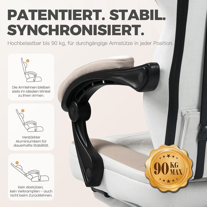 Ігрове крісло Dowinx з тканиною, масажне ігрове крісло з підставкою для ніг, ергономічне крісло для ПК, ігрове крісло, офісне крісло, вантажопідйомність 150 кг, бежевий бежевий, розсувна підставка для ніг