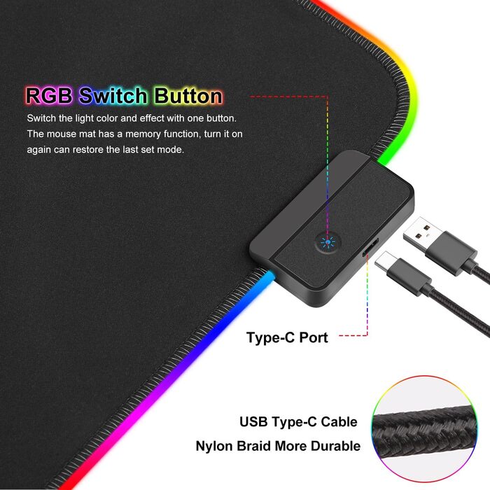 Ігровий килимок для миші RGB 900x400 мм XXL Extra Large з 14 режимами освітлення 7 світлодіодними кольорами Водонепроникний протик