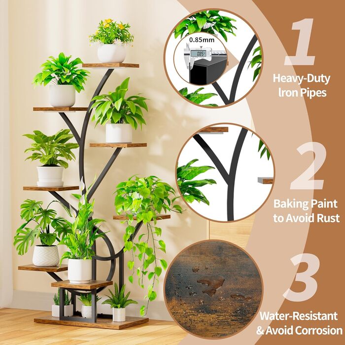Підставка для рослин з лампою для вирощування - 8-ярусна підставка для квітів 126 см, полиця для рослин з металу та дерева - Квіткові драбини для приміщень та вулиці - Декоративна чорна квіткова підставка для балкону в приміщенні