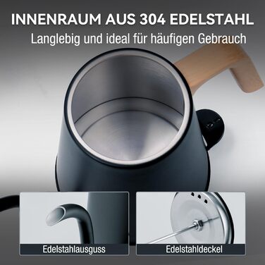 Чайник з гусячою шийкою з термометром, електричний чайник 1л з автоматичним вимкненням, чайник для гарячої води з нержавіючої стал