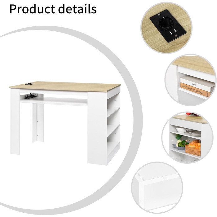 Багатофункціональний обідній стіл EGGREE з полицями для зберігання та розеткою - Кухонний стіл 110x60x78 см у дубовому декорі - Полиці з регульованою висотою, поверхня для зберігання, для невеликих приміщень у дубовому та білому кольорах