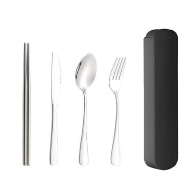 Універсальний набір столових приборів для подорожей та кемпінгу з 5 предметів, портативний посуд, палички для їжі з нержавіючої сталі, ложка, виделка, ніж для стейку з футляром для зберігання (чорний)