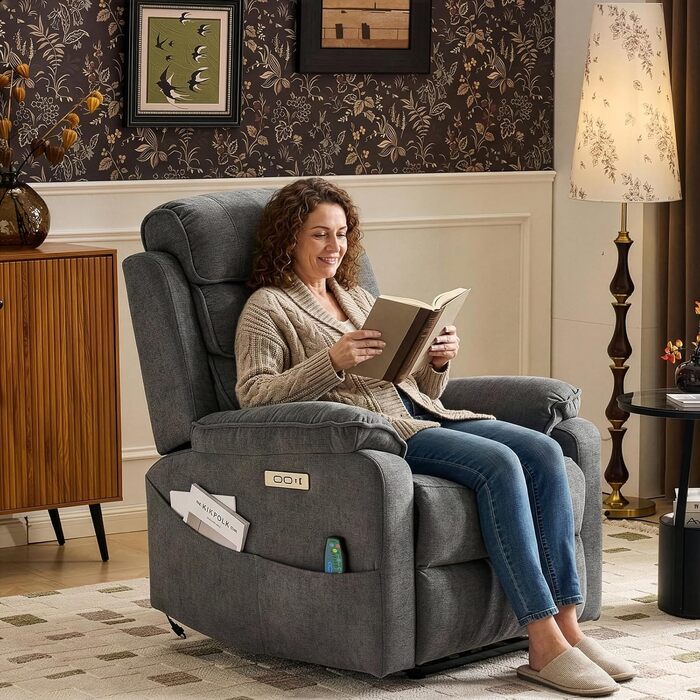 Крісло-реклайнер для телевізора LEADZM з бездротовою зарядкою, 1 порт USB, 1 порт зарядки USB-C, розкладне крісло для телевізора з масажем та підігрівом, бічні кишені, підсклянник (темно-сірий)