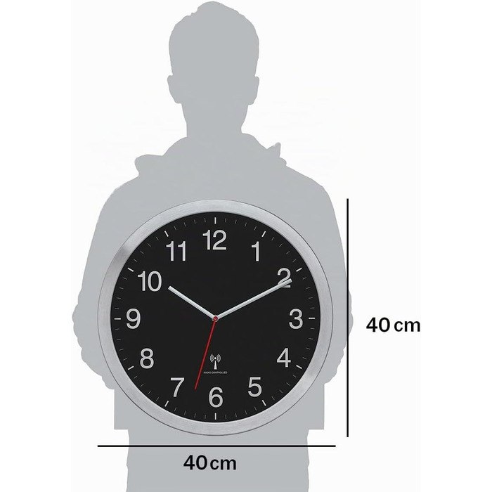 Настінний годинник TFA Dostmann Wanduhr XL (60.3545.01), аналоговий радіокерований, з секундною стрілкою, чорно-сріблястий, 400 x 50 x 400 мм