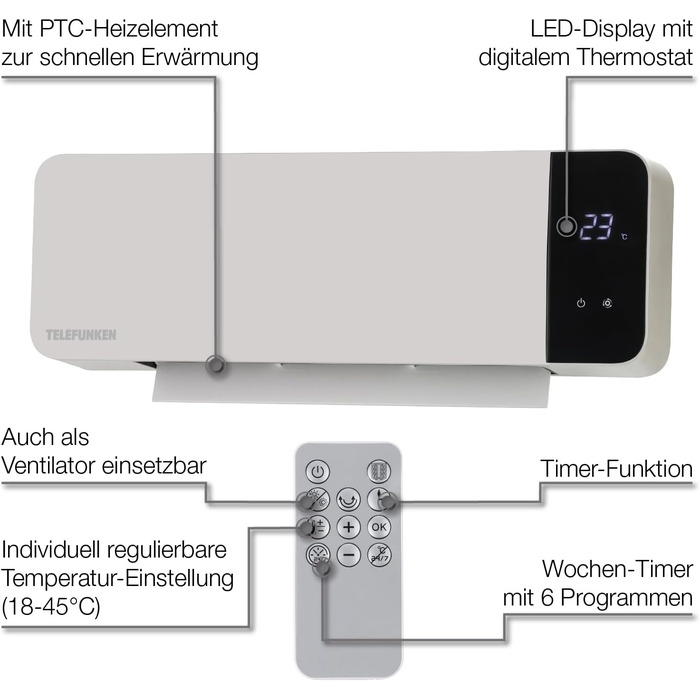 Керамічний настінний вентилятор-обігрівач Telefunken PTCWH-2000W Світлодіодний дисплей з цифровим термостатом та пультом дистанційного керування, функція таймера, коливання, вентилятор, захист від перегріву, 18-45C