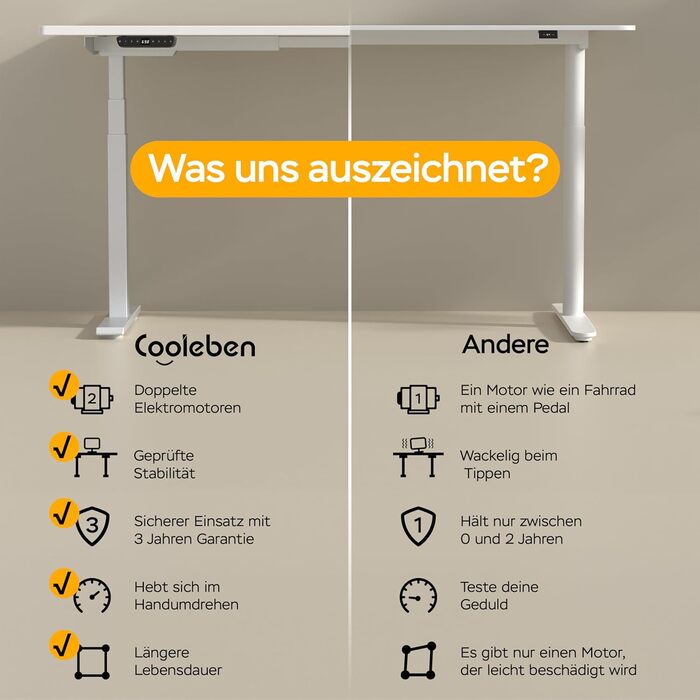 Стіл з регулюванням висоти 140x70 см, цільна стільниця 25 мм, подвійний двигун, 3-рівнева конструкція, інтелектуальне керування з 4 пресетами пам&39яті та 2 USB-портами (білий білий), білий білий 140 см x 70 см