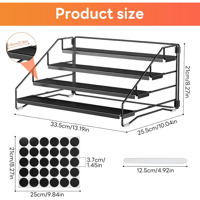 Вертикальна підставка для спецій з чотирма рівнями, регульована, не потребує свердління, підходить для зберігання спецій на кухнях, у шафах та ванних кімнатах.