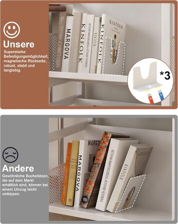 Металевий книжковий візок на колесах, вантажопідйомність 70 кг, бібліотечний візок з ручкою, 3 полиці, книжкова шафа на колесах для вітальні, спальні, офісу, бібліотеки з 3 магнітними підставками для книг білий