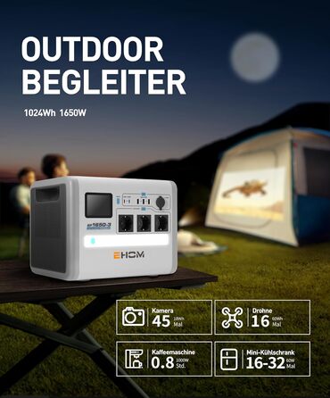 Портативна електростанція EHOM, EP1650 1024Wh LiFePO4 EVE Акумуляторна батарея Сонячний генератор резервний 230V AC/DC/USB, 1650W