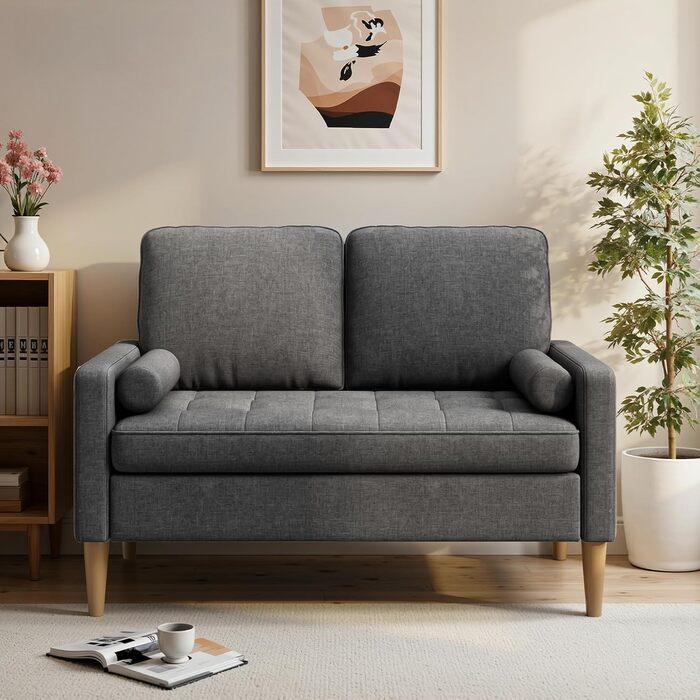 Місний диван, 2-місний диван, маленький диван з 2 декоративними подушками, міні-диван з підлокітниками, для вітальні, спальні, квартири, офісу, 121 x 77 x 87 см, темно-сірий, 2-