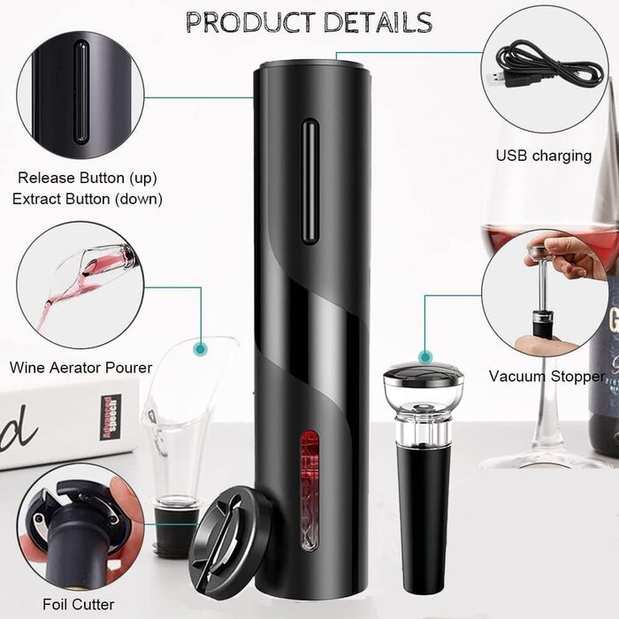 Електричний штопор, подарункова коробка 5-в-1 електрична відкривачка для винних пляшок з різаком для фольги, вакуумною пробкою та наливом вина, акумуляторна батарея USB темна