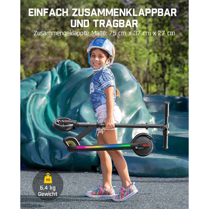 Електричний самокат FanttikRide C9 Pro для дітей 8-12 років, різнокольорові райдужні вогні, 8/12/16 км/год, запас ходу 8 км, світлодіодний дисплей, регульована висота, складаний, для хлопчиків та дівчаток, чорний