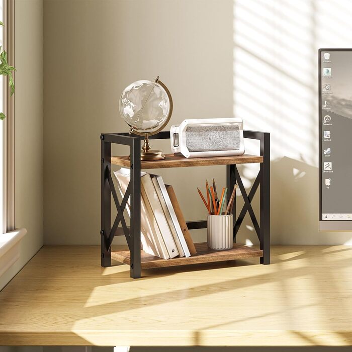 Стелаж для спецій, 2-рівневий органайзер та тримач, полиця для зберігання, промислова кухонна полиця, для кухні, офісу, вітальні та ванної кімнати, вінтажний коричневий та чорний XSR28BR