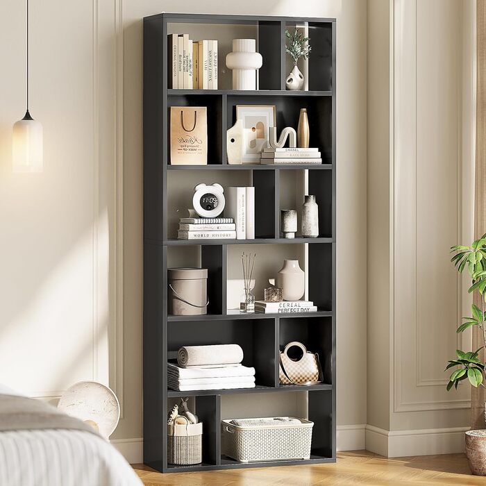 Книжкова полиця, 6-ярусна полиця, окремостояча книжкова шафа з 12 відкритими відділеннями, полиця для вітальні, спальні, ванної кімнати, офісу, сучасна, легко збирається, 173x60x24 см, чорна