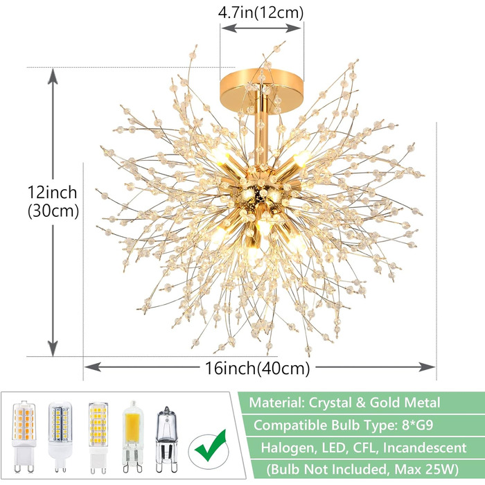 Променево сучасний кришталевий стельовий світильник, кришталева люстра феєрверків, 8 світлових золотистих стельових світильників, підвісне світло з регулюванням яскравості, світильник кристалів для вітальні, спальні, їдальні, кухні, передпокою